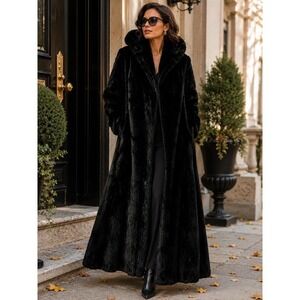 Tissavel France Faux Fur Coat Dark Brown Full Length Maxi Made in England Size M